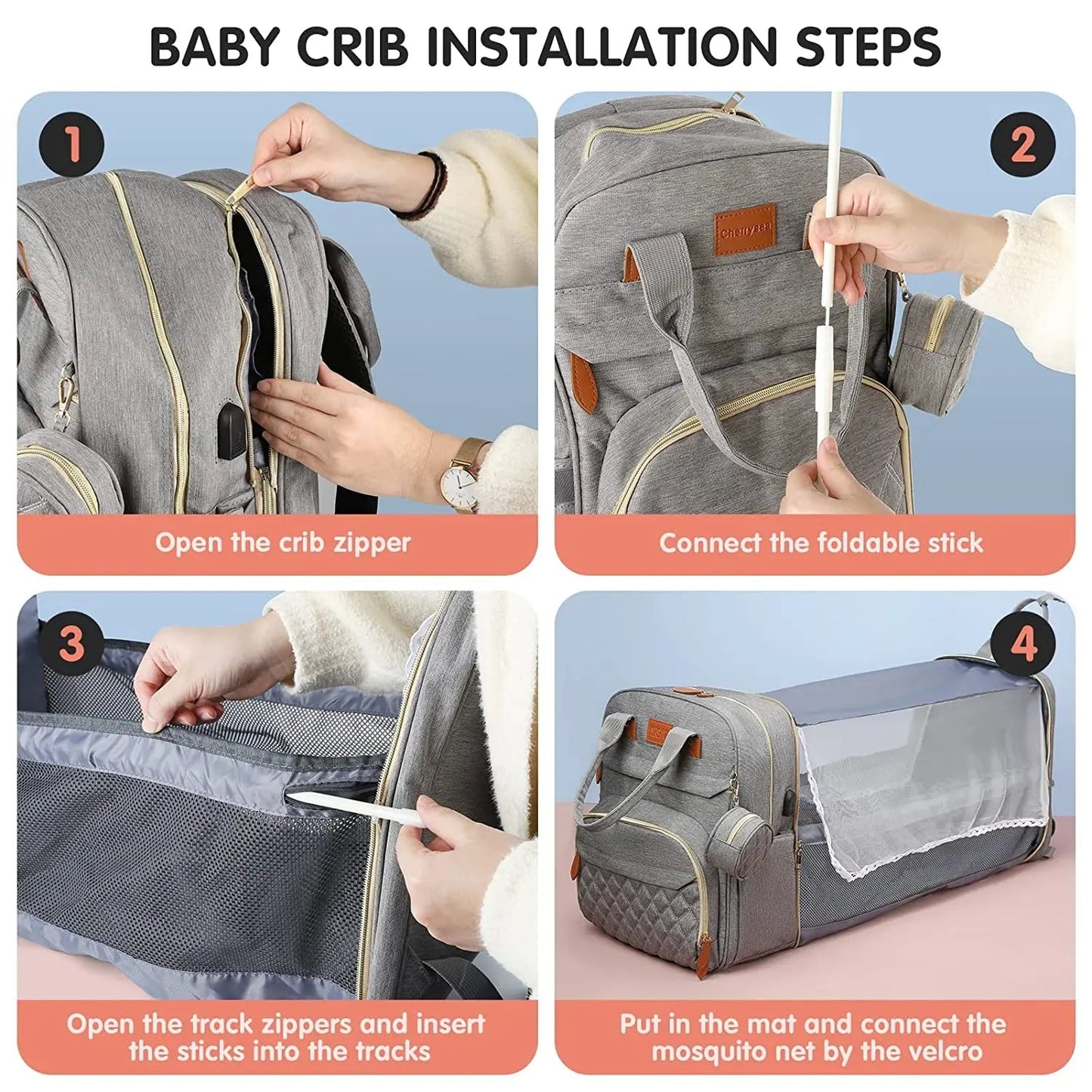 3-in-1 Wickelrucksack mit faltbarem Babybett – Wasserdichter Reiserucksack mit USB-Anschluss und Wickelunterlage - Glanzhaut