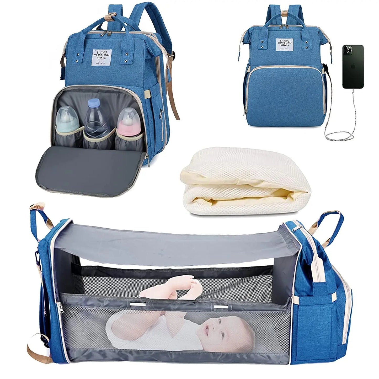 3-in-1 Wickelrucksack mit faltbarem Babybett – Wasserdichter Reiserucksack mit USB-Anschluss und Wickelunterlage - Glanzhaut