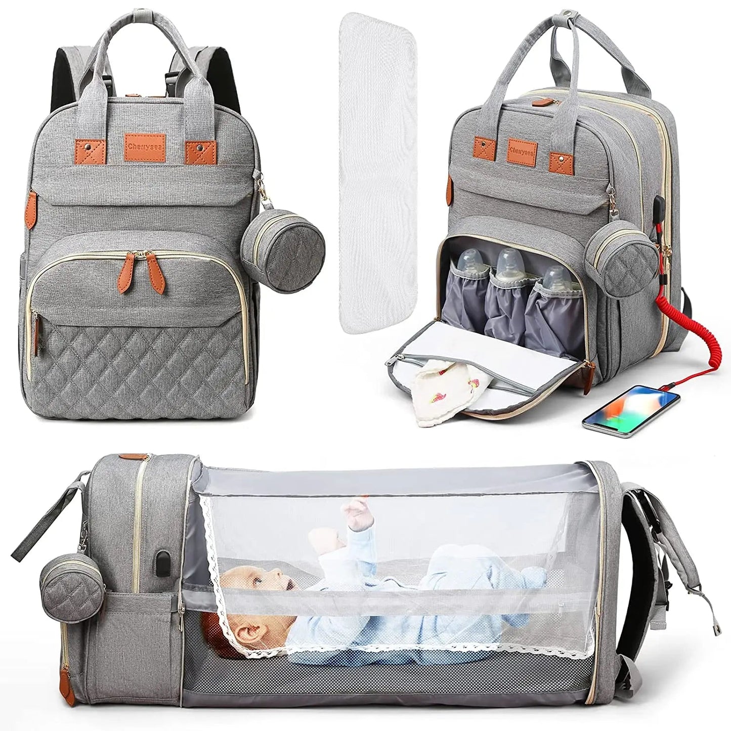 3-in-1 Wickelrucksack mit faltbarem Babybett – Wasserdichter Reiserucksack mit USB-Anschluss und Wickelunterlage - Glanzhaut