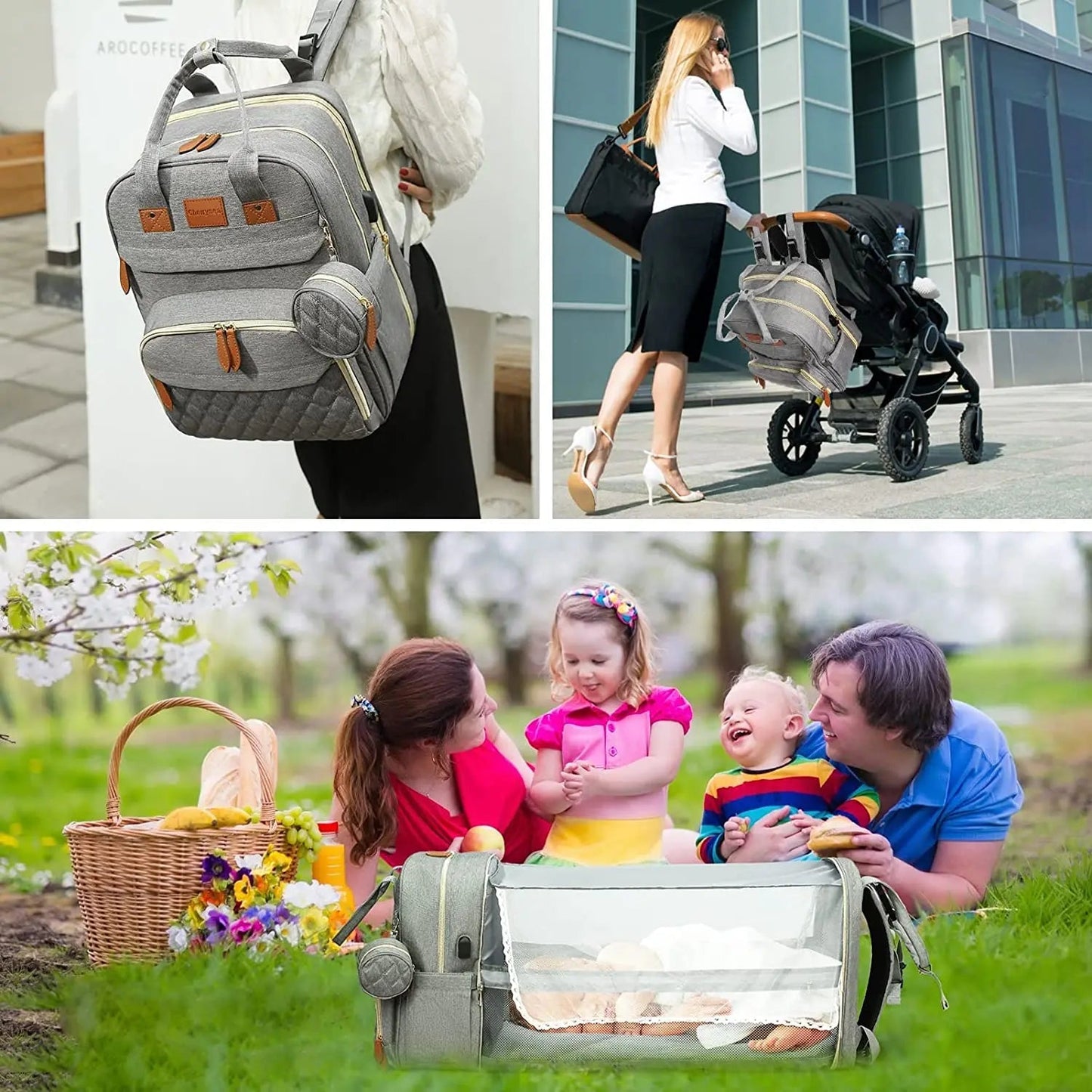 3-in-1 Wickelrucksack mit faltbarem Babybett – Wasserdichter Reiserucksack mit USB-Anschluss und Wickelunterlage - Glanzhaut