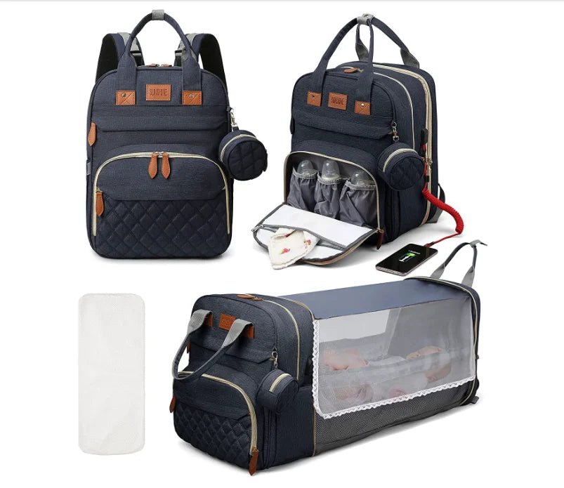 3-in-1 Wickelrucksack mit faltbarem Babybett – Wasserdichter Reiserucksack mit USB-Anschluss und Wickelunterlage - Glanzhaut