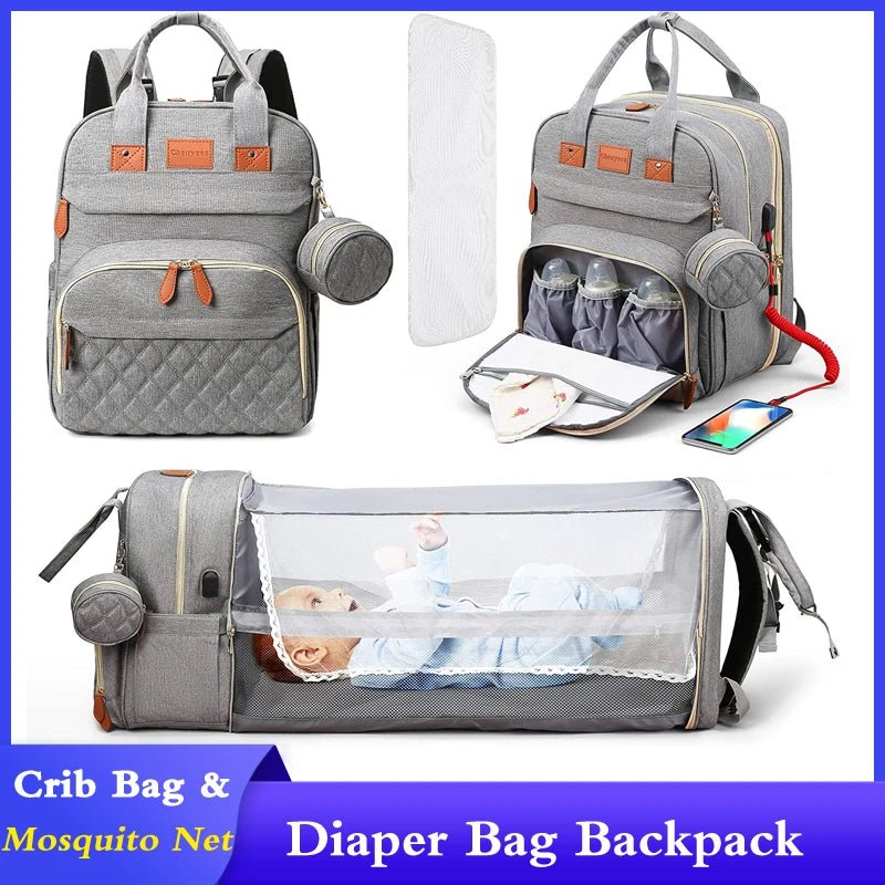 3-in-1 Wickelrucksack mit faltbarem Babybett – Wasserdichter Reiserucksack mit USB-Anschluss und Wickelunterlage - Glanzhaut