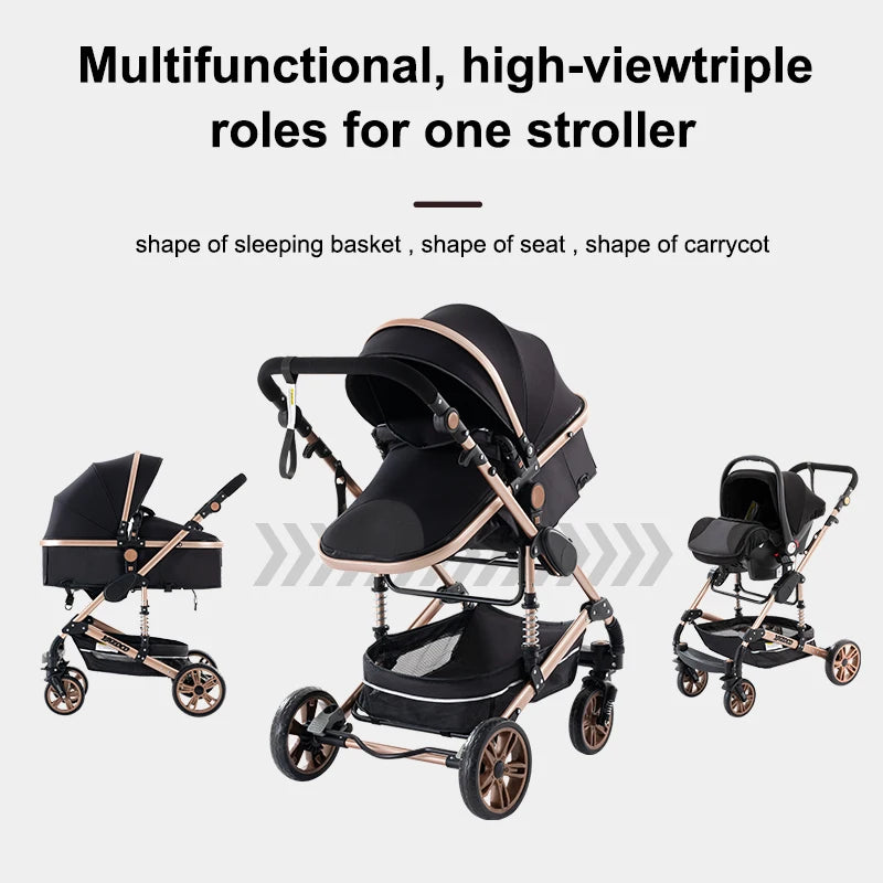 3-in-1 Baby Kinderwagen Hochlandschaft – Multifunktional, Liegefunktion & Leicht faltbar - Glanzhaut