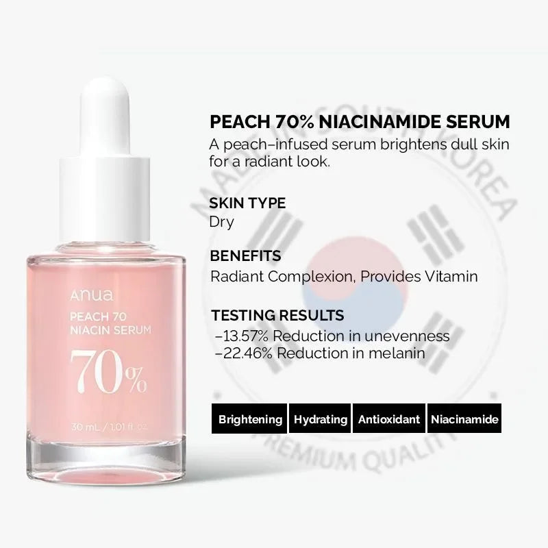 Anua Peach 70 Niacin Serum – Aufhellendes Serum mit 70 % Pfirsich & Niacinamid für einen strahlenden Teint - Glanzhaut
