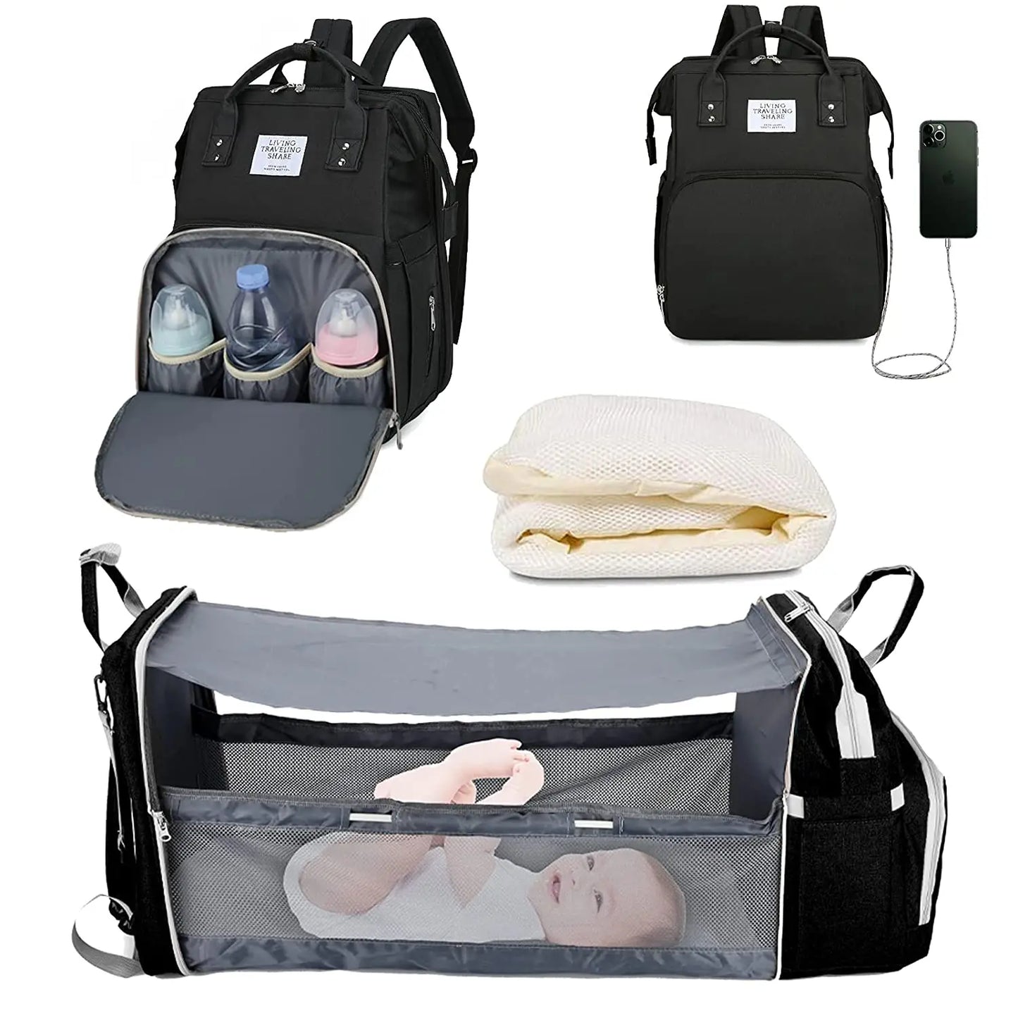 3-in-1 Wickelrucksack mit faltbarem Babybett – Wasserdichter Reiserucksack mit USB-Anschluss und Wickelunterlage - Glanzhaut