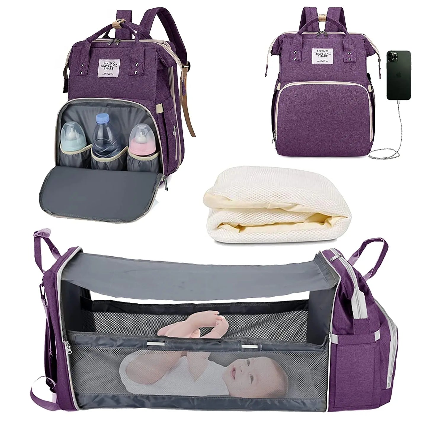 3-in-1 Wickelrucksack mit faltbarem Babybett – Wasserdichter Reiserucksack mit USB-Anschluss und Wickelunterlage - Glanzhaut
