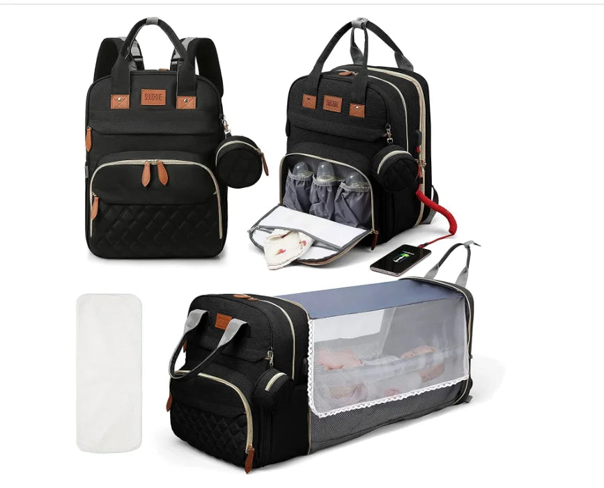 3-in-1 Wickelrucksack mit faltbarem Babybett – Wasserdichter Reiserucksack mit USB-Anschluss und Wickelunterlage - Glanzhaut