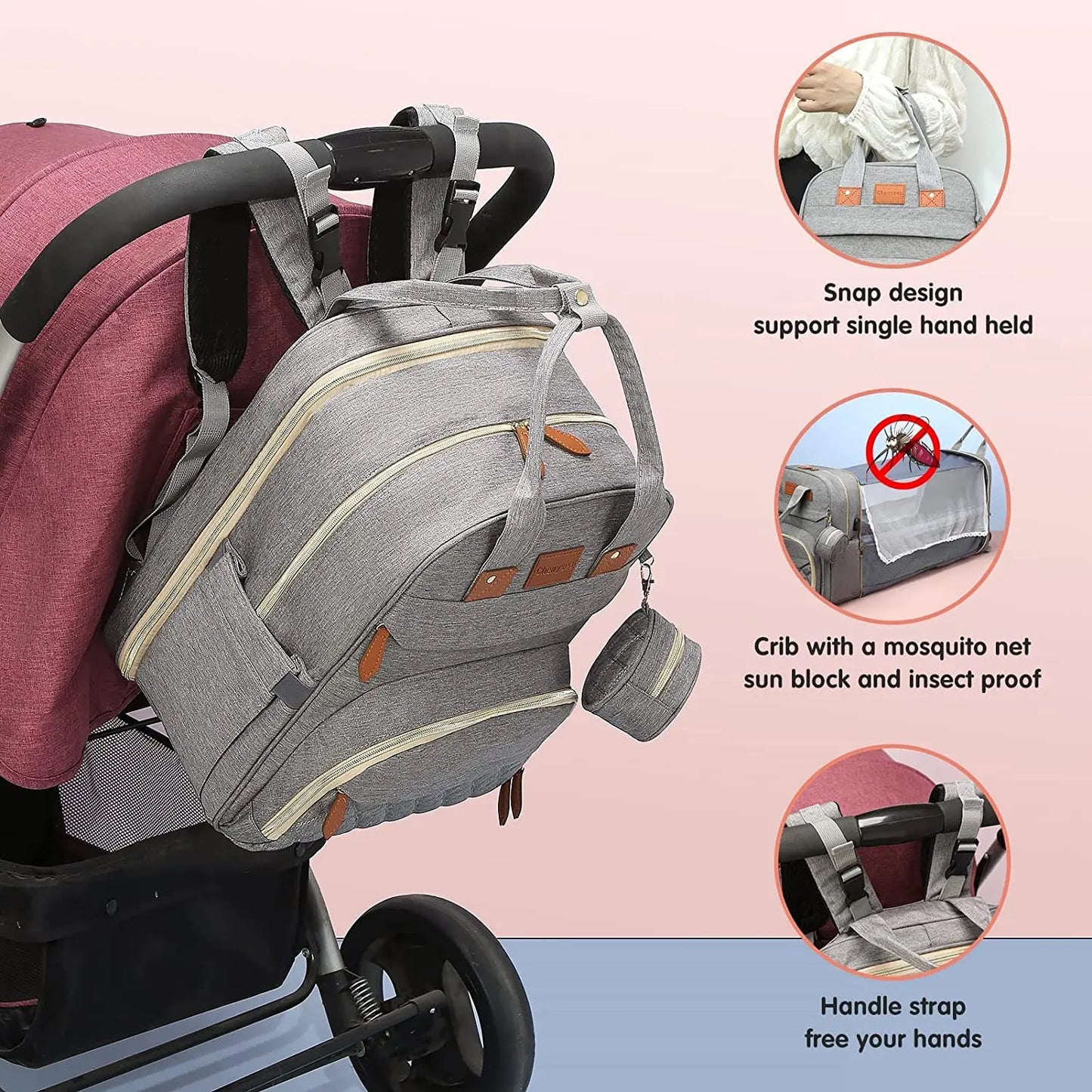 3-in-1 Wickelrucksack mit faltbarem Babybett – Wasserdichter Reiserucksack mit USB-Anschluss und Wickelunterlage - Glanzhaut