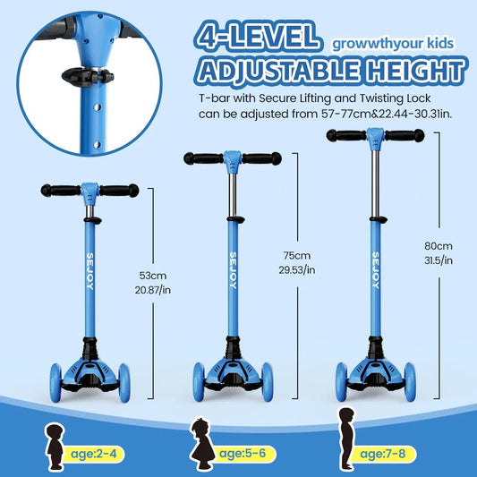 Sejoy Kinderroller 2–8 Jahre – LED-Räder, Höhenverstellbar, Klappbares Design, Militärqualität-Rahmen - Glanzhaut