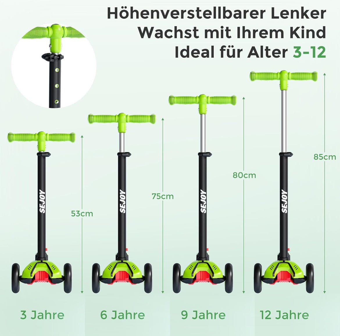 Sejoy Kinderroller 2–8 Jahre – LED-Räder, Höhenverstellbar, Klappbares Design, Militärqualität-Rahmen - Glanzhaut