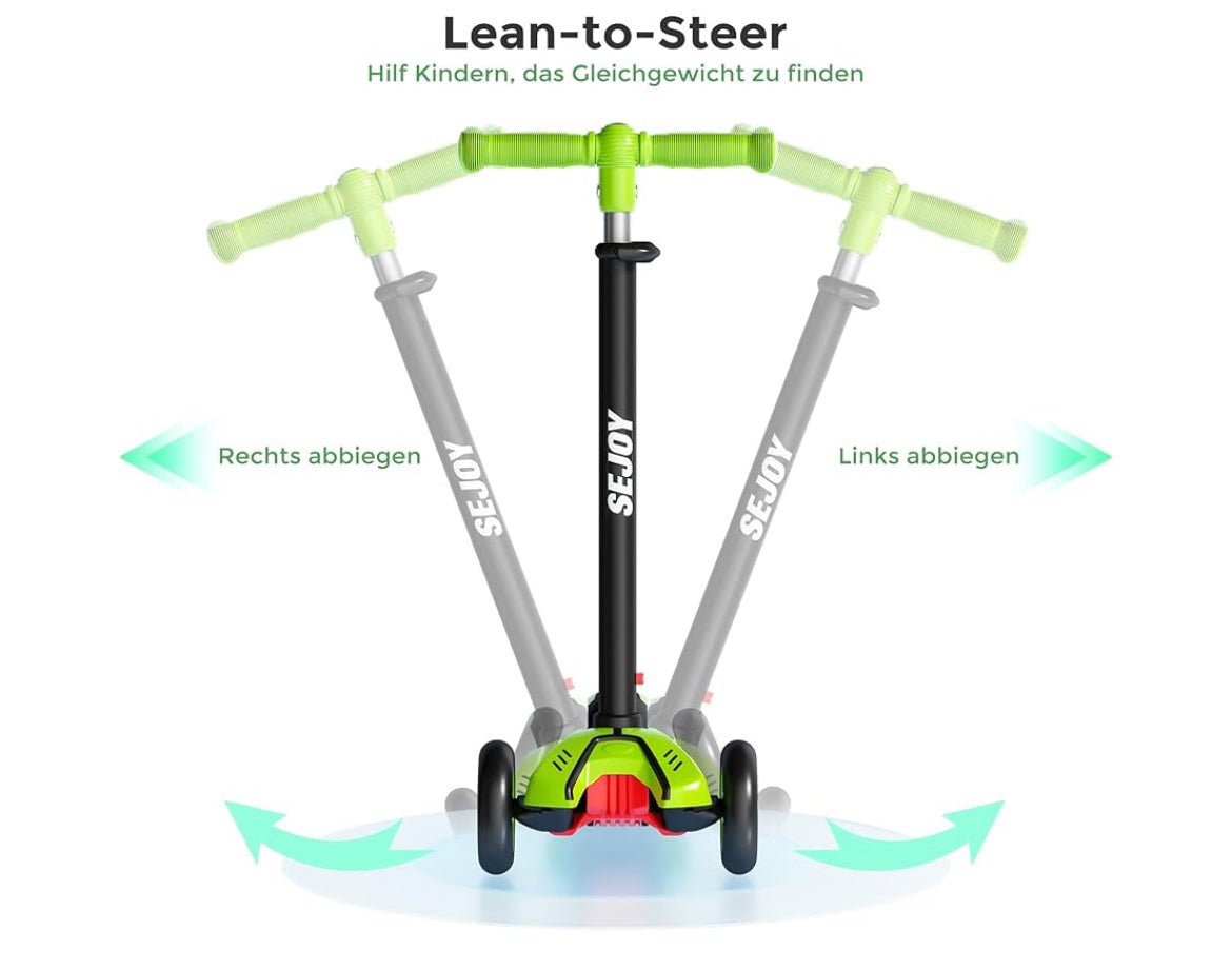 Sejoy Kinderroller 2–8 Jahre – LED-Räder, Höhenverstellbar, Klappbares Design, Militärqualität-Rahmen - Glanzhaut