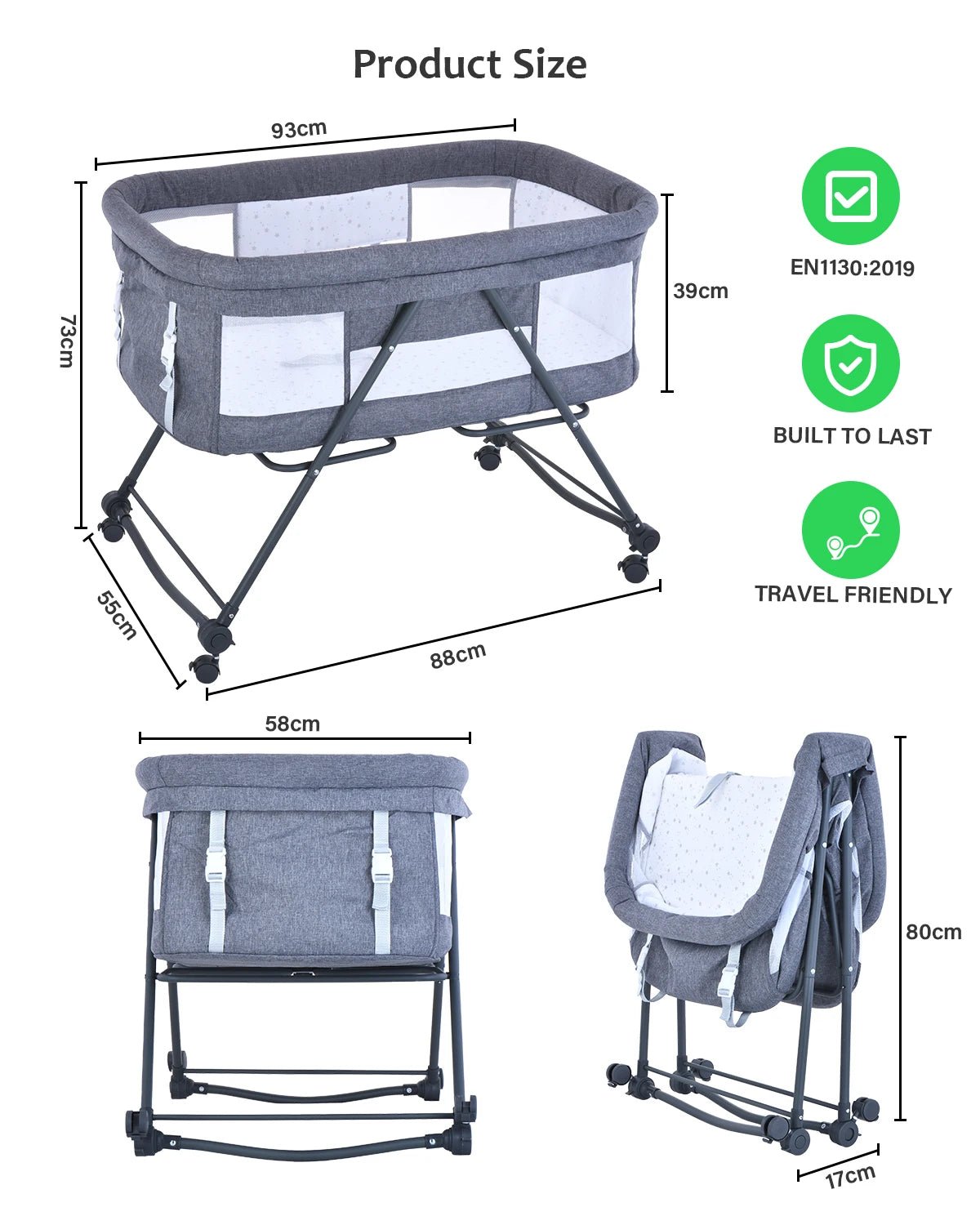 UBRAVOO Baby Grab-and-go Travel Cot with Mattress & Silent Wheels, Rocking Crib Convertible, XYT-001 - Glanzhaut