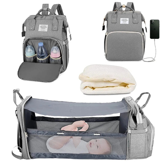 3-in-1 Wickelrucksack mit faltbarem Babybett – Wasserdichter Reiserucksack mit USB-Anschluss und Wickelunterlage - Glanzhaut