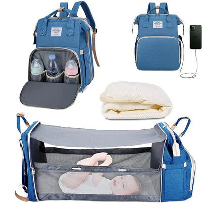 3-in-1 Wickelrucksack mit faltbarem Babybett – Wasserdichter Reiserucksack mit USB-Anschluss und Wickelunterlage - Glanzhaut