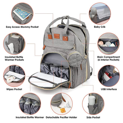 3-in-1 Wickelrucksack mit faltbarem Babybett – Wasserdichter Reiserucksack mit USB-Anschluss und Wickelunterlage - Glanzhaut
