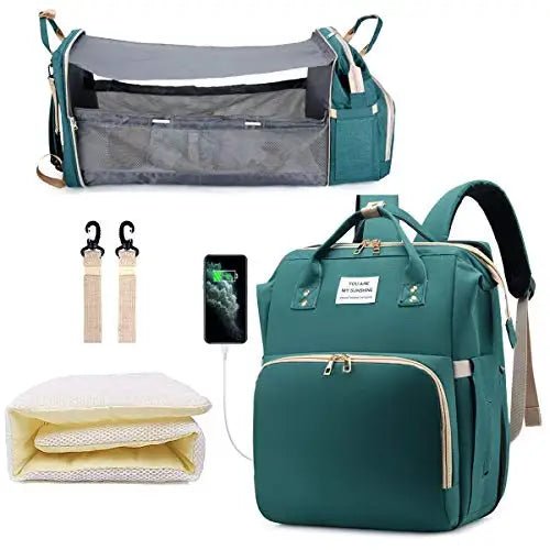 3-in-1 Wickelrucksack mit faltbarem Babybett – Wasserdichter Reiserucksack mit USB-Anschluss und Wickelunterlage - Glanzhaut