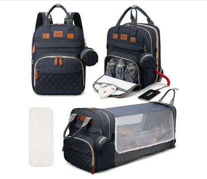 3-in-1 Wickelrucksack mit faltbarem Babybett – Wasserdichter Reiserucksack mit USB-Anschluss und Wickelunterlage - Glanzhaut