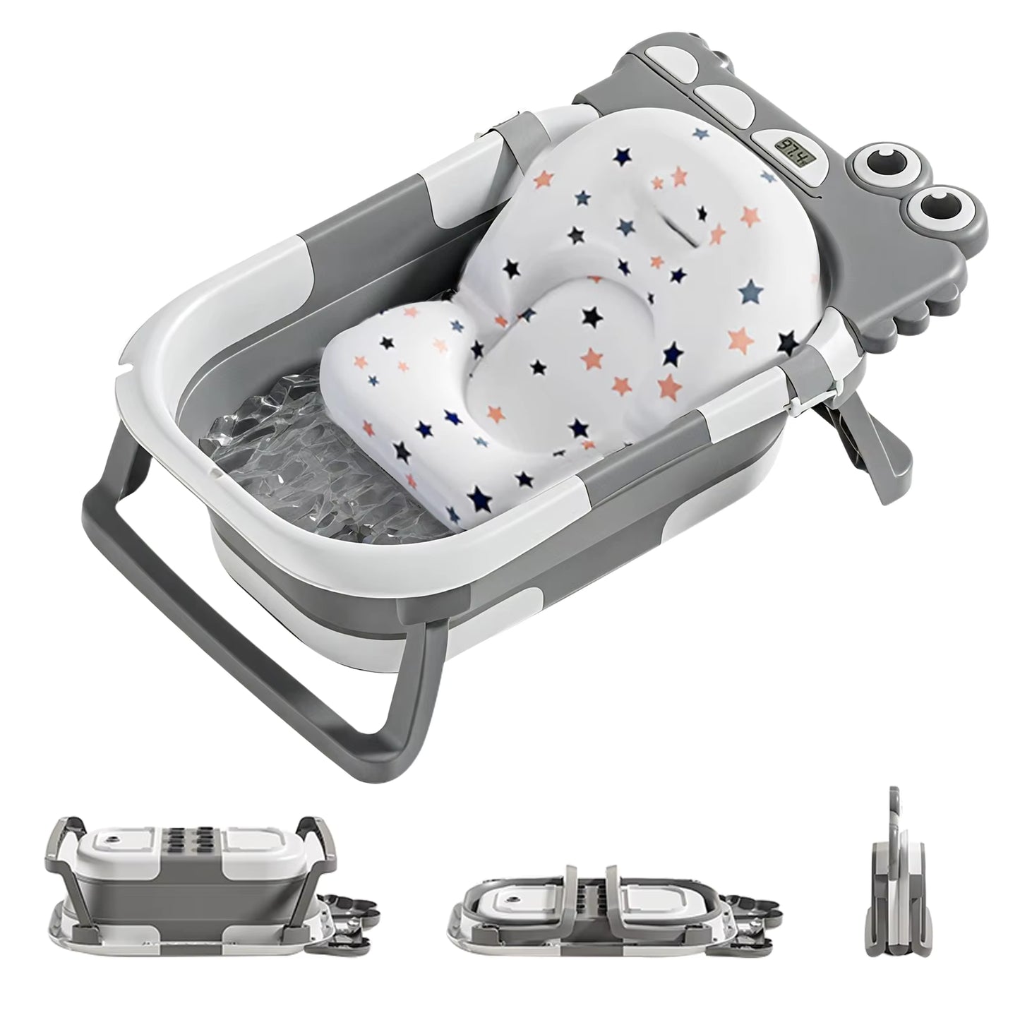Faltbare Babybadewanne mit Thermometer & Badekissen grau