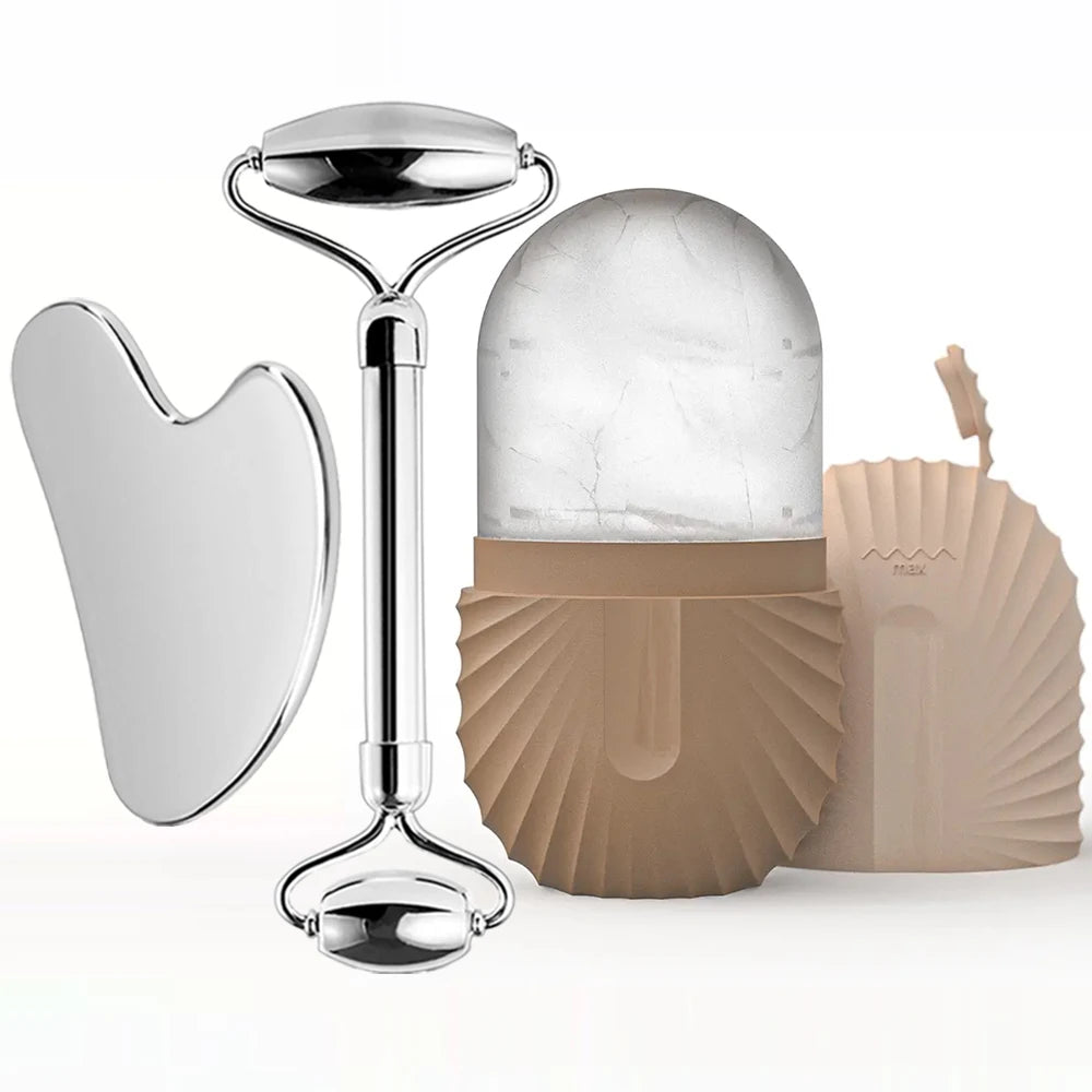 Gesichts-Eisroller-Set – Edelstahl-Face Roller & Gua Sha – Kühlende Massage für Gesichtspflege - Glanzhaut