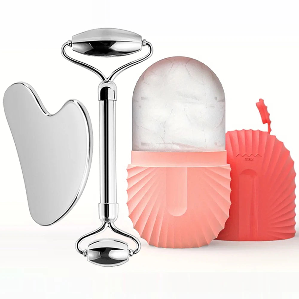 Gesichts-Eisroller-Set – Edelstahl-Face Roller & Gua Sha – Kühlende Massage für Gesichtspflege - Glanzhaut