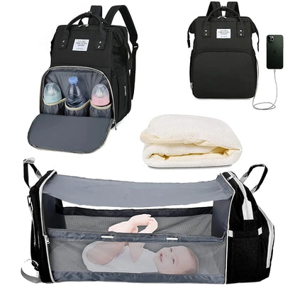 3-in-1 Wickelrucksack mit faltbarem Babybett – Wasserdichter Reiserucksack mit USB-Anschluss und Wickelunterlage - Glanzhaut