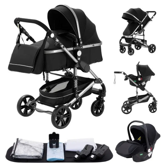 3-in-1 Baby Kinderwagen Hochlandschaft – Multifunktional, Liegefunktion & Leicht faltbar - Glanzhaut