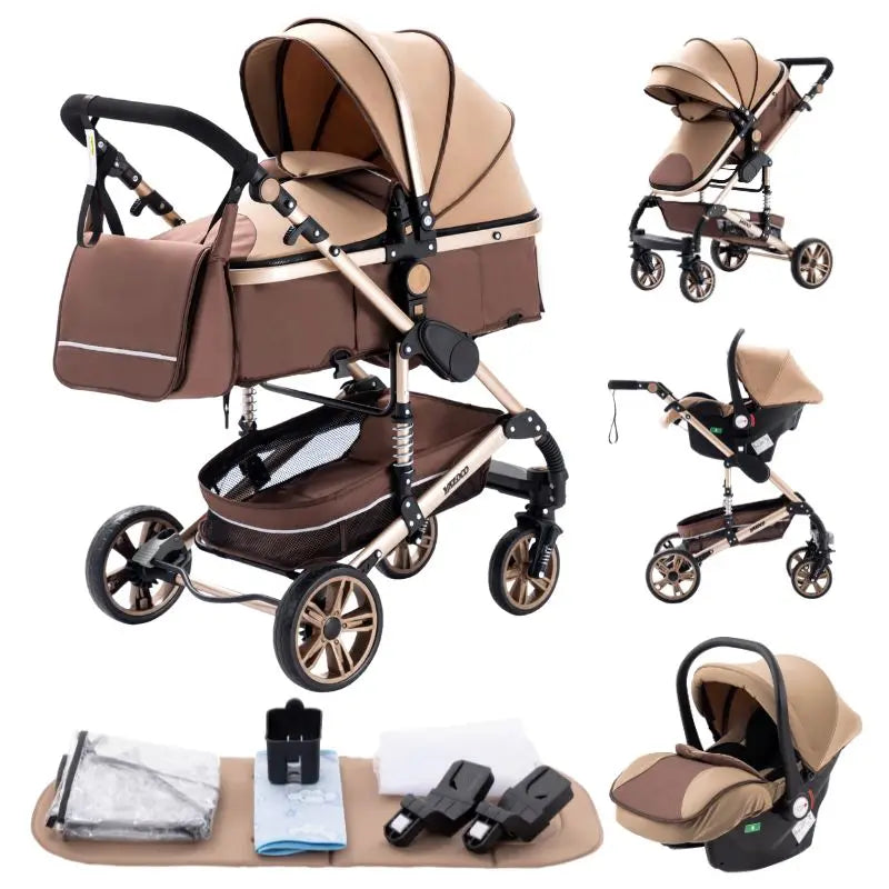3-in-1 Baby Kinderwagen Hochlandschaft – Multifunktional, Liegefunktion & Leicht faltbar - Glanzhaut