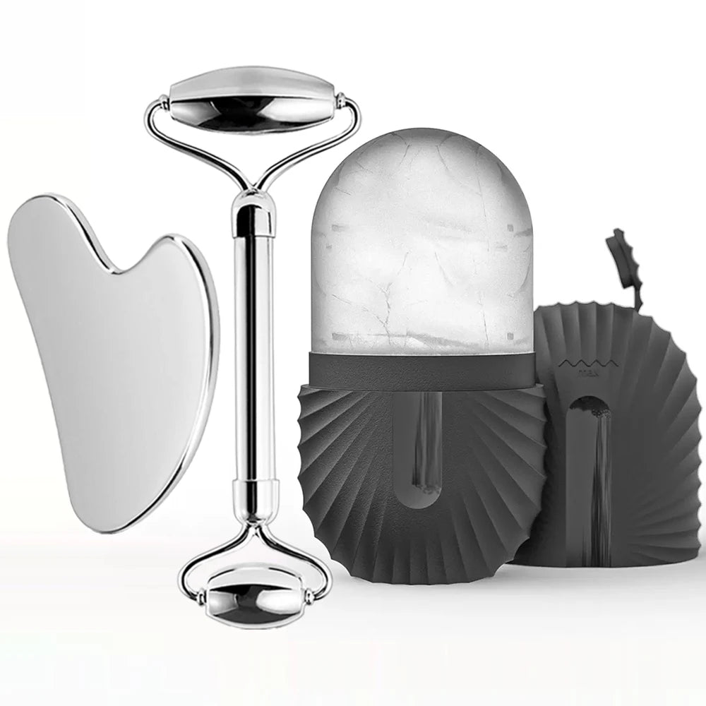 Gesichts-Eisroller-Set – Edelstahl-Face Roller & Gua Sha – Kühlende Massage für Gesichtspflege - Glanzhaut