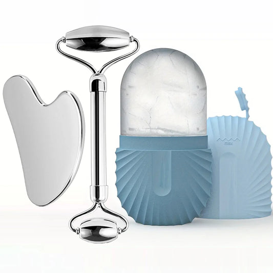 Gesichts-Eisroller-Set – Edelstahl-Face Roller & Gua Sha – Kühlende Massage für Gesichtspflege - Glanzhaut