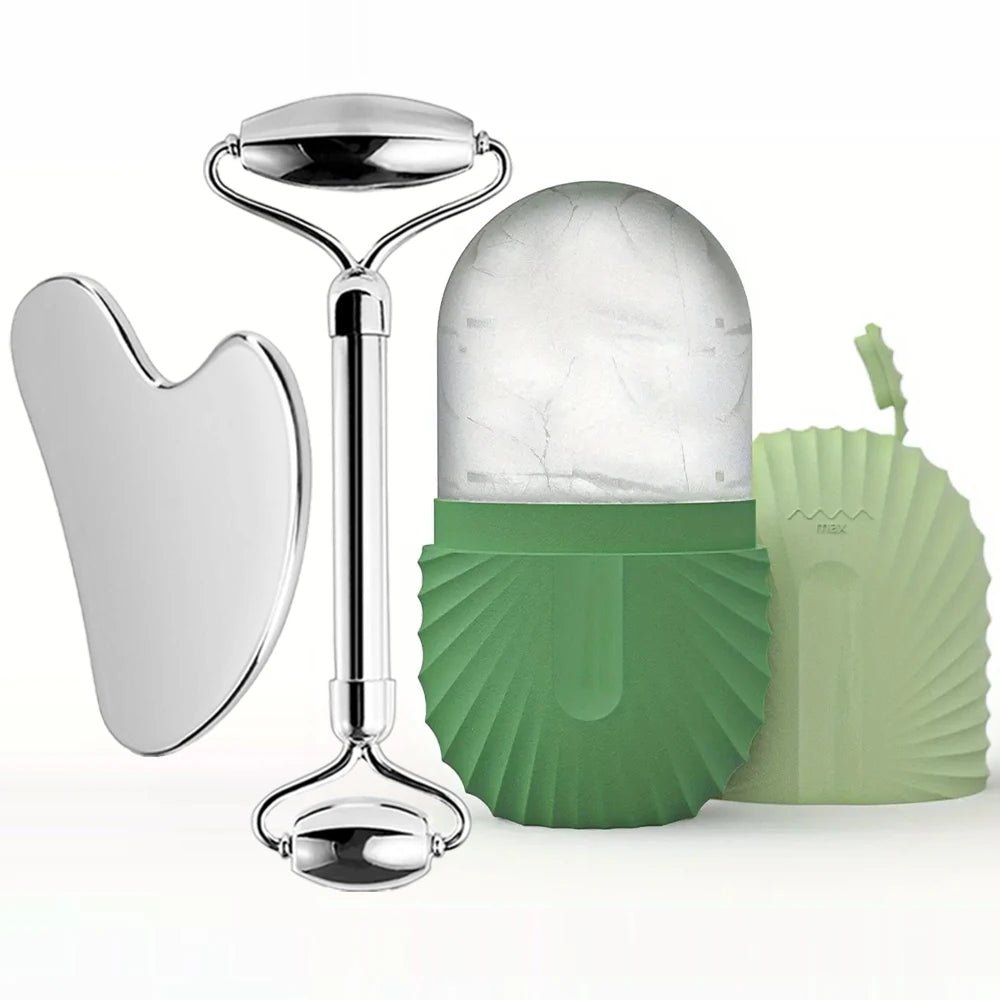 Gesichts-Eisroller-Set – Edelstahl-Face Roller & Gua Sha – Kühlende Massage für Gesichtspflege - Glanzhaut
