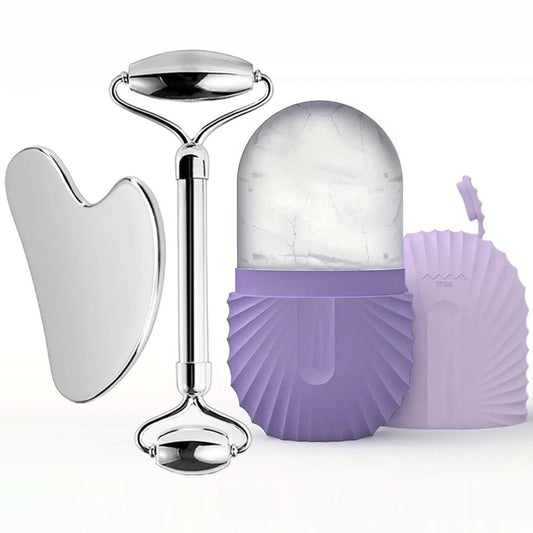 Gesichts-Eisroller-Set – Edelstahl-Face Roller & Gua Sha – Kühlende Massage für Gesichtspflege - Glanzhaut