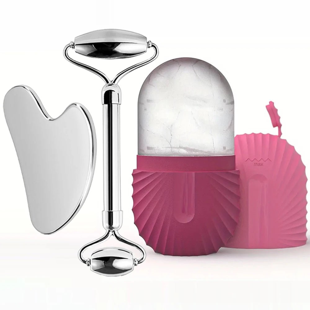 Gesichts-Eisroller-Set – Edelstahl-Face Roller & Gua Sha – Kühlende Massage für Gesichtspflege - Glanzhaut